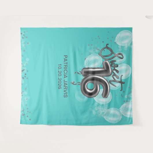 Silver Sweet 16 Bday Balloons Party Aquamarine Bac Wandteppich (Vorderseite (Horizontal))