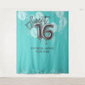 Silver Sweet 16 Bday Balloons Party Aquamarine Bac Wandteppich (Vorderseite)
