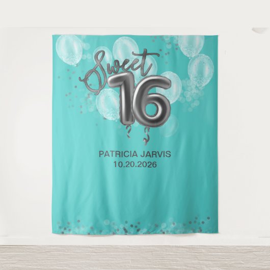 Silver Sweet 16 Bday Balloons Party Aquamarine Bac Wandteppich (Vorderseite)