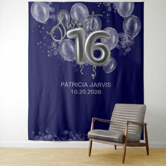 Silver Sweet 16 Bday Balloons Royal Blue Backdrops Wandteppich (Beispiel)