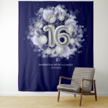 Silver Sweet 16 Bday Balloons Royal Blue Hintergru