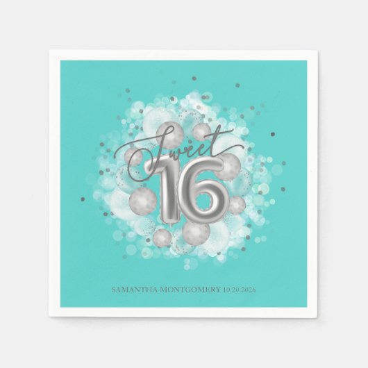Silver Sweet 16 Birthday Balloons Party Aquamarin Serviette (Vorderseite)