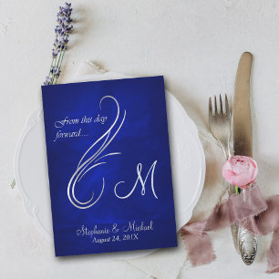 Silver Swirl Monogram Bright Blue Wedding Einladung