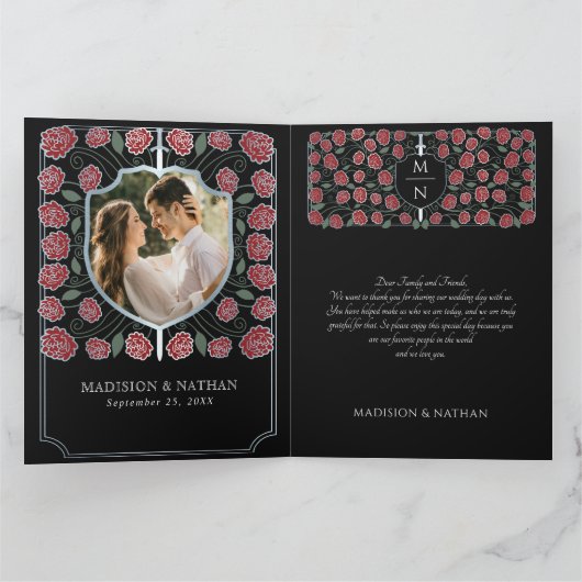 Silver Sword Shield Fantasy Monogram Wedding Dankeskarte (Innenseite)