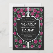 Silver Sword Shield Fantasy Monogram Wedding Einladung (Vorderseite)