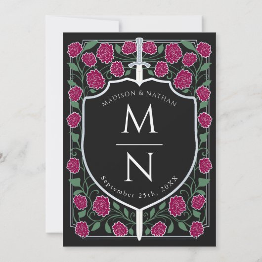 Silver Sword Shield Fantasy Monogram Wedding Einladung (Rückseite)