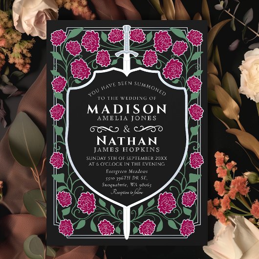 Silver Sword Shield Fantasy Monogram Wedding Einladung