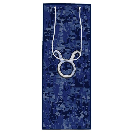 Silver Taurus Zodiac Sign Navy Blue Digital Camouf Geschenktüte Für Weinflaschen (Vorderseite)
