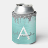 Silver Teal Glitter Brushed Metal Monogram Name Dosenkühler (Kanne Vorderseite)