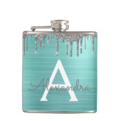 Silver Teal Glitter Brushed Metal Monogram Name Flachmann (Vorderseite)