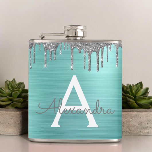 Silver Teal Glitter Brushed Metal Monogram Name Flachmann