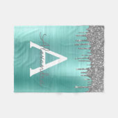 Silver Teal Glitter Brushed Metal Monogram Name Fleecedecke (Vorderseite (Horizontal))