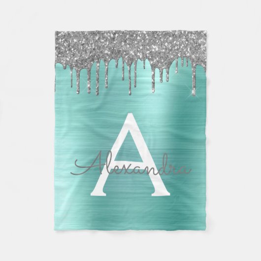 Silver Teal Glitter Brushed Metal Monogram Name Fleecedecke (Vorderseite)