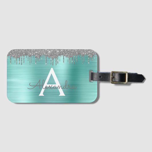 Silver Teal Glitter Brushed Metal Monogram Name Gepäckanhänger (Vorderseite (Horizontal))