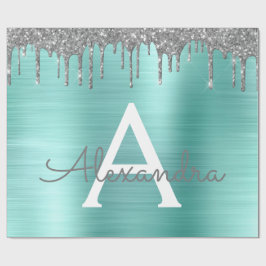 Silver Teal Glitter Brushed Metal Monogram Name Geschenkpapier