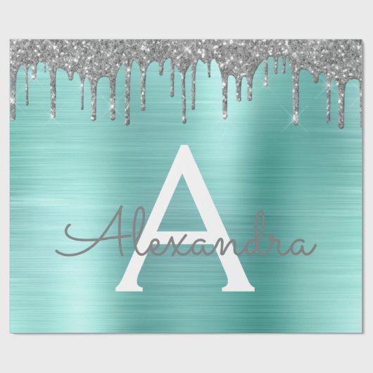 Silver Teal Glitter Brushed Metal Monogram Name Geschenkpapier (Flach)