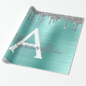Silver Teal Glitter Brushed Metal Monogram Name Geschenkpapier (Ungerollt)