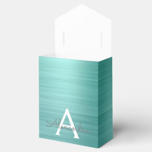 Silver Teal Glitter Brushed Metal Monogram Name Geschenkschachtel (Geöffnet)