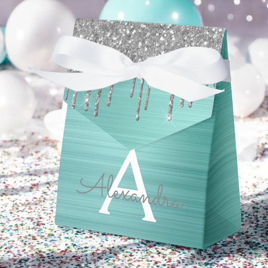 Silver Teal Glitter Brushed Metal Monogram Name Geschenkschachtel