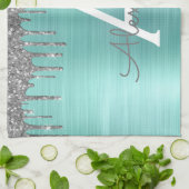 Silver Teal Glitter Brushed Metal Monogram Name Geschirrtuch (Gefaltet)