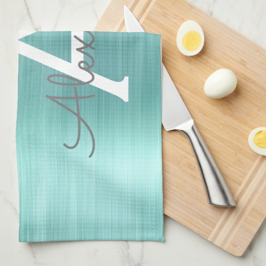 Silver Teal Glitter Brushed Metal Monogram Name Geschirrtuch (Viertel Falte)