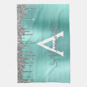 Silver Teal Glitter Brushed Metal Monogram Name Geschirrtuch (Vertikal)