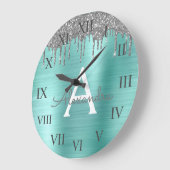 Silver Teal Glitter Brushed Metal Monogram Name Große Wanduhr (Winkel)