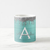 Silver Teal Glitter Brushed Metal Monogram Name Kaffeetasse (Mittel)