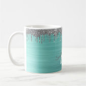 Silver Teal Glitter Brushed Metal Monogram Name Kaffeetasse (Links)