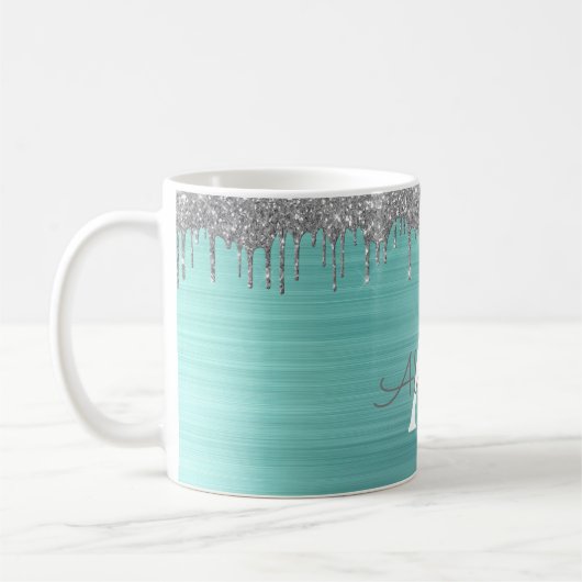Silver Teal Glitter Brushed Metal Monogram Name Kaffeetasse (Links)