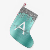 Silver Teal Glitter Brushed Metal Monogram Name Kleiner Weihnachtsstrumpf (Vorderansicht (hängend))