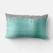 Silver Teal Glitter Brushed Metal Monogram Name Lendenkissen (Rückseite)