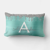 Silver Teal Glitter Brushed Metal Monogram Name Lendenkissen (Vorderseite)