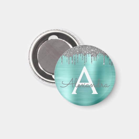 Silver Teal Glitter Brushed Metal Monogram Name Magnet (Vorderseite/Rückseite)