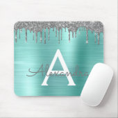 Silver Teal Glitter Brushed Metal Monogram Name Mousepad (Mit Mouse)