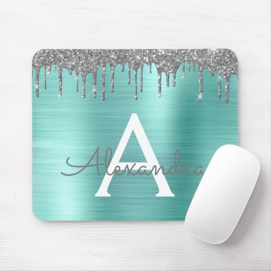 Silver Teal Glitter Brushed Metal Monogram Name Mousepad (Mit Mouse)