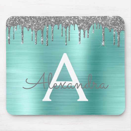 Silver Teal Glitter Brushed Metal Monogram Name Mousepad (Vorne)