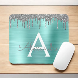 Silver Teal Glitter Brushed Metal Monogram Name Mousepad