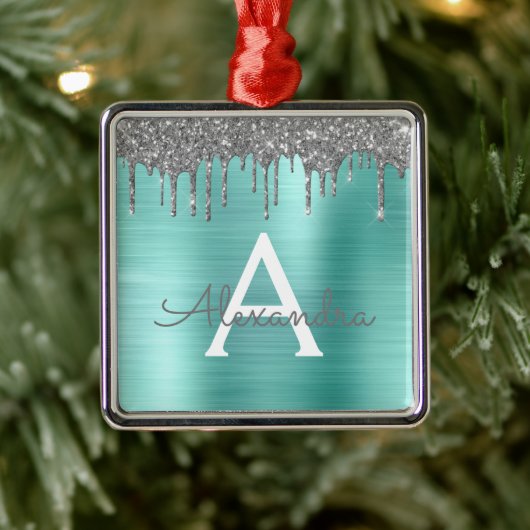 Silver Teal Glitter Brushed Metal Monogram Name Ornament Aus Metall (Baum)