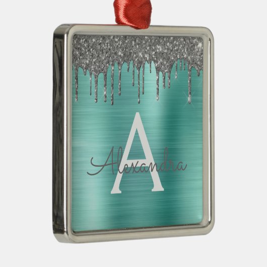 Silver Teal Glitter Brushed Metal Monogram Name Ornament Aus Metall (Rechts)