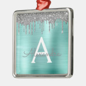 Silver Teal Glitter Brushed Metal Monogram Name Ornament Aus Metall (Links)