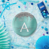 Silver Teal Glitter Brushed Metal Monogram Name Pappteller (Party)