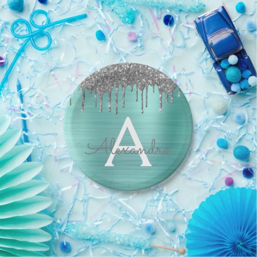Silver Teal Glitter Brushed Metal Monogram Name Pappteller (Party)