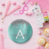 Silver Teal Glitter Brushed Metal Monogram Name Pappteller (Party)