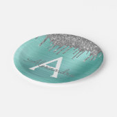 Silver Teal Glitter Brushed Metal Monogram Name Pappteller (Schrägansicht)