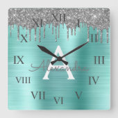 Silver Teal Glitter Brushed Metal Monogram Name Quadratische Wanduhr (Vorderseite)