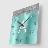 Silver Teal Glitter Brushed Metal Monogram Name Quadratische Wanduhr (Winkel)
