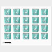 Silver Teal Glitter Brushed Metal Monogram Name Quadratischer Aufkleber (Blatt)