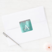 Silver Teal Glitter Brushed Metal Monogram Name Quadratischer Aufkleber (Umschlag)