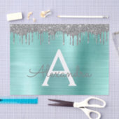Silver Teal Glitter Brushed Metal Monogram Name Seidenpapier (Handwerk)